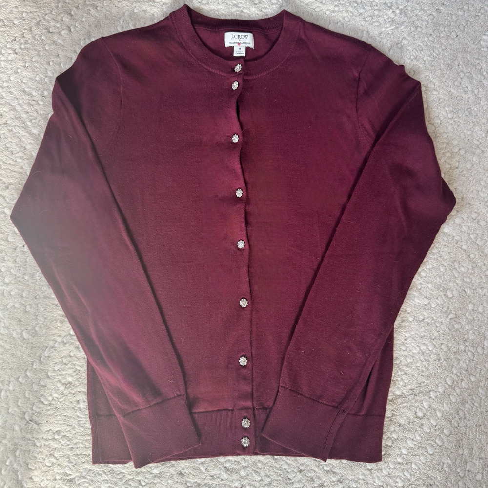 J.Crew Jeweled Crystal Button Cardigan Sweater Berry Wine Cotton M Tippi Style